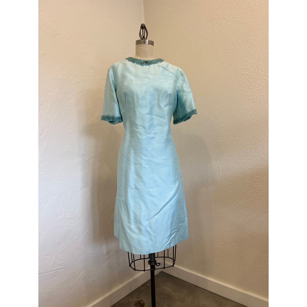 Vintage Women’s Large  Aqua Blue Beaded Shift Dress Satin Jewel Trim